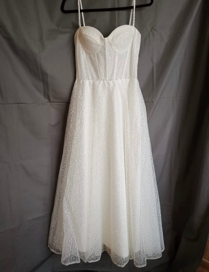 Beautiful Shiny Tulle Wedding Dress Tea Length Minimalist Wedding Dress
