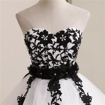 Elegant Strapless Wedding Dress | Black Lace Appliques Tulle Dress | Vintage Bridal Gown, Custom Made