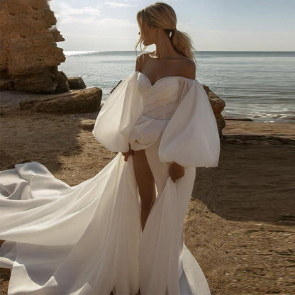Beach Organza Wedding Dress Off The Shoulder Long Puffy Sleeves Wedding Gown Plus Size Custom Made Bridal Gown
