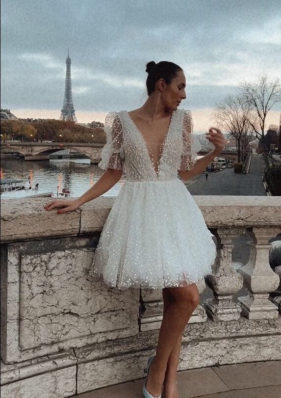 Mini Prom Dress, Above Knee Wedding Dress, Bridal Shower Dress, Short Sleeve Party Dress, Custom made