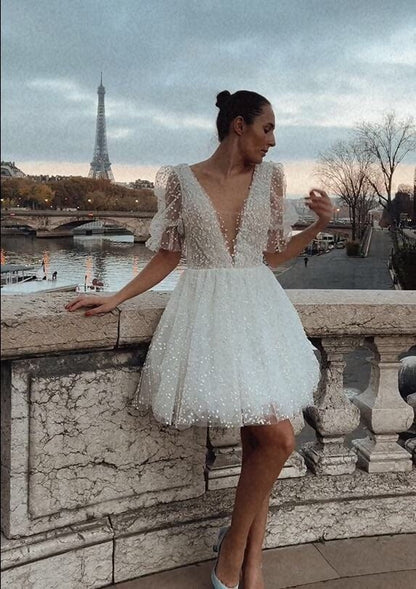 Mini Prom Dress, Above Knee Wedding Dress, Bridal Shower Dress, Short Sleeve Party Dress, Custom made