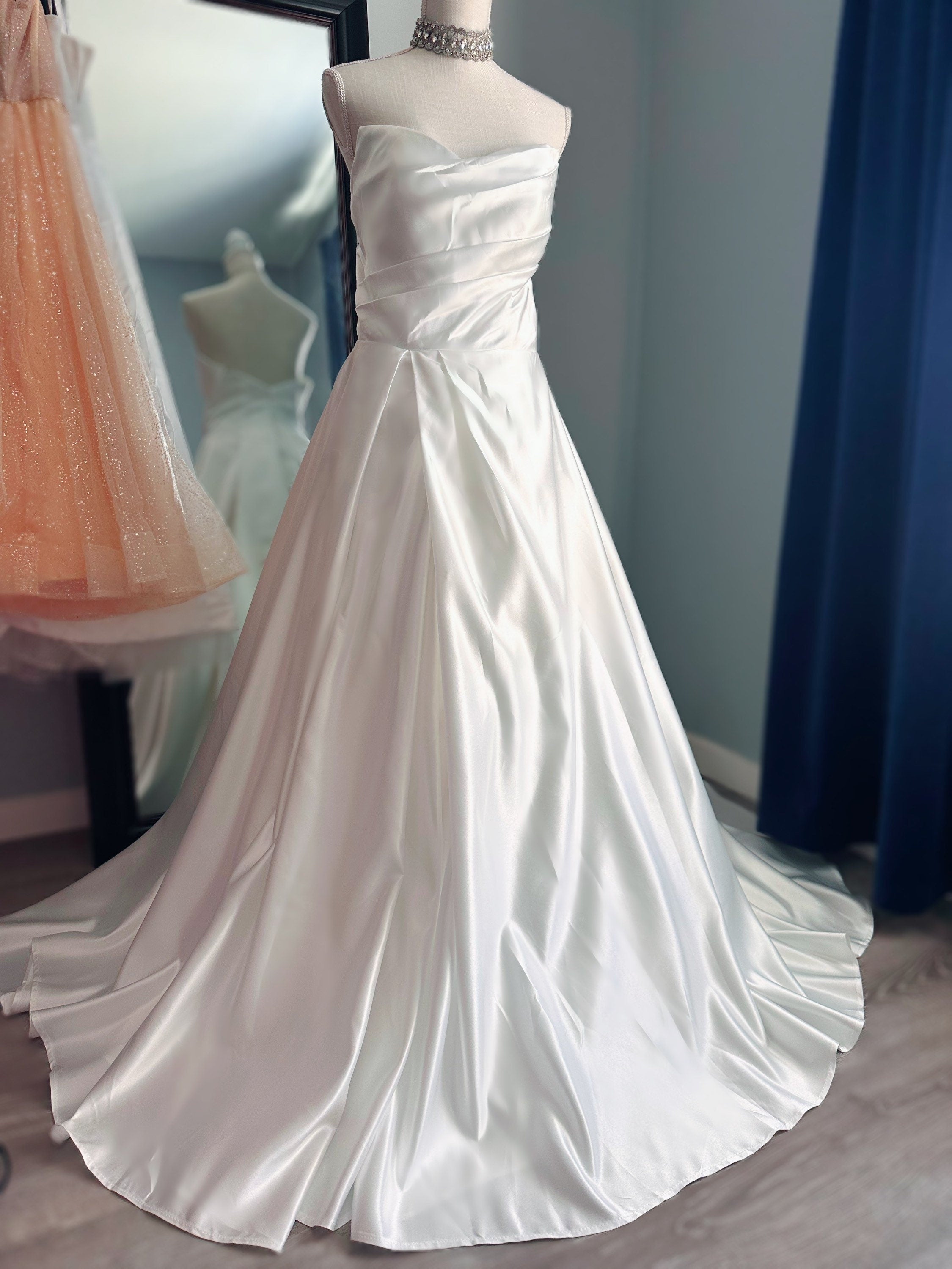 Minimalist Satin Wedding Dress | Side Slit Srapless Bridal Gown | Custom Made, plus size