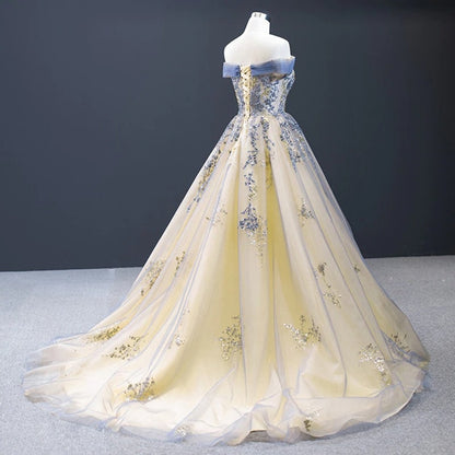 Prom Dress Golden Sparkling Sequin Quinceanera Dress Appliques Off Shoulder Modest Party Gown