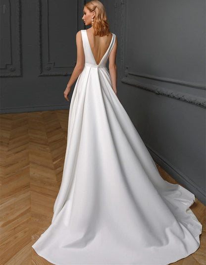 Minimalist Wedding Dress Classic Vintage Backless Satin Bridal Gown Plus Size Custom Made