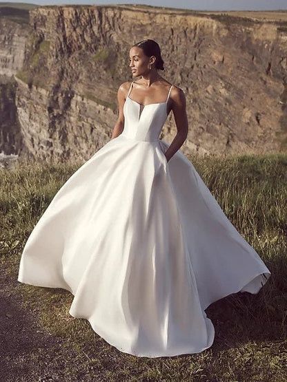 Spaghetti Straps Satin Wedding Dress Elegant Sleeves Wedding Gown Custom Made Bridal Gown Plus size