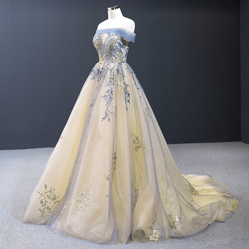 Prom Dress Golden Sparkling Sequin Quinceanera Dress Appliques Off Shoulder Modest Party Gown