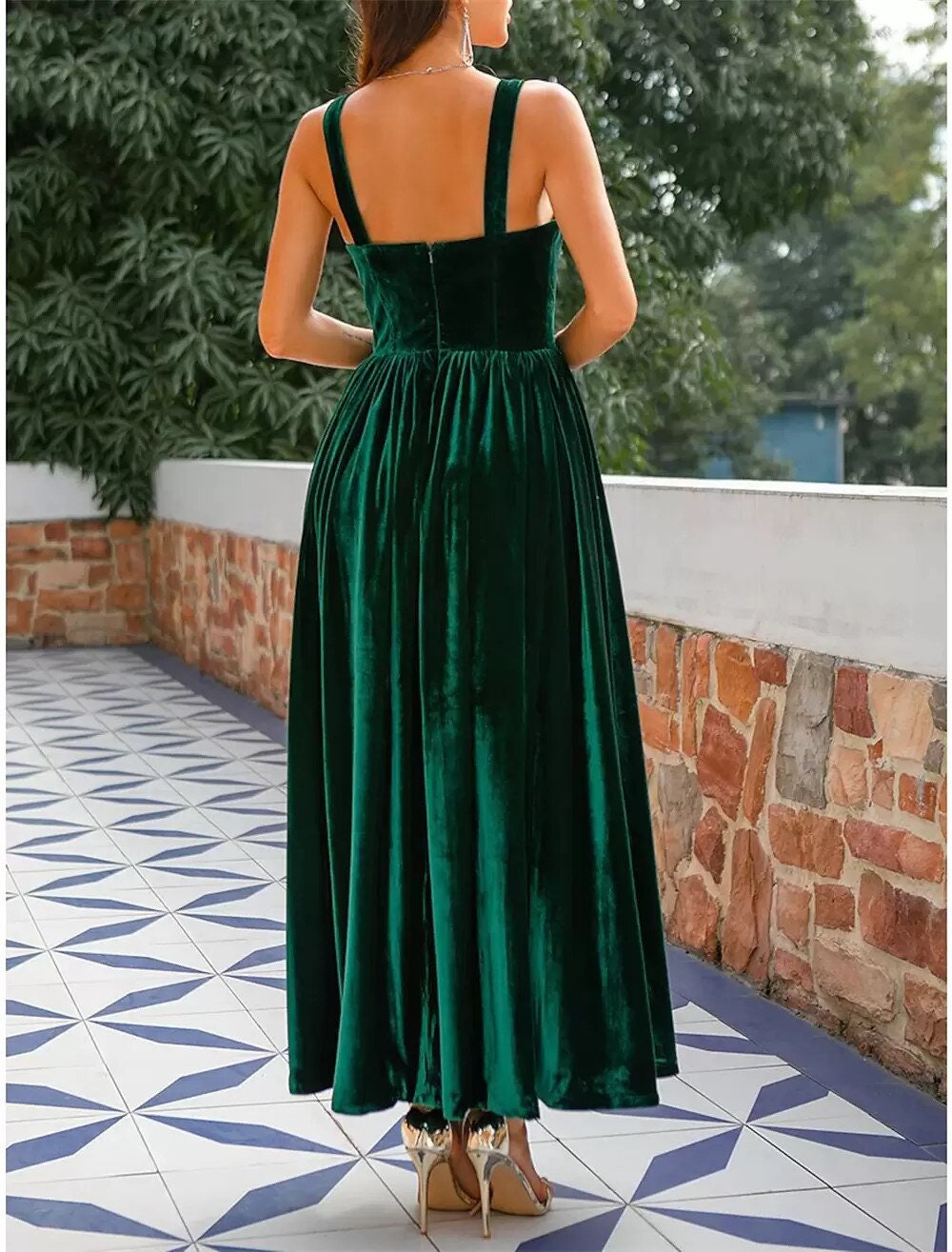 Emerald Green Velvet Prom Dress, Tea Length Special Occasion Gown, Bridesmaid Dress, Plus Size, Custom made
