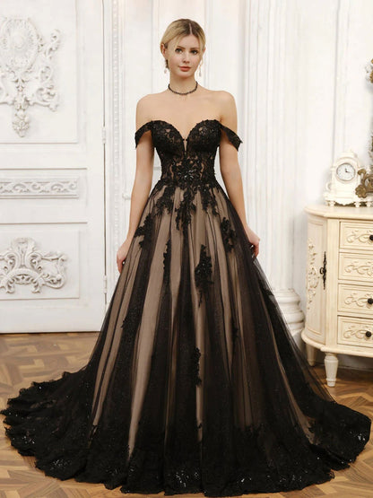 Romantic Off Shoulder Lace Wedding Dress Graceful Black Bridal Gown Delicate Contrasting Details Plus Custom Size