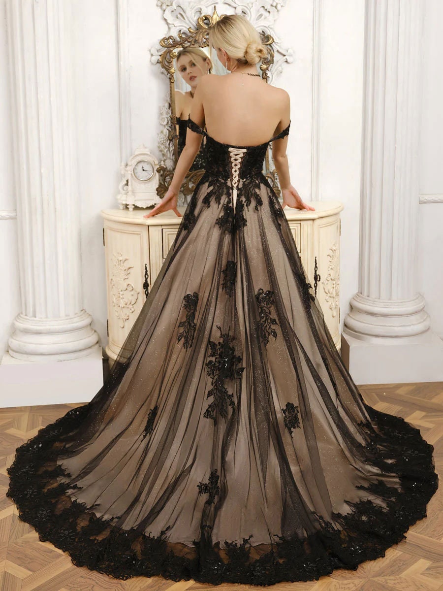 Romantic Off Shoulder Lace Wedding Dress Graceful Black Bridal Gown Delicate Contrasting Details Plus Custom Size