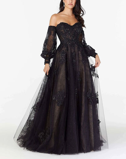Exquisite Beading Floral Applique Gothic Wedding Dress Long Detachable Sleeves Formal Dress Black Bridal Gown Free Customization