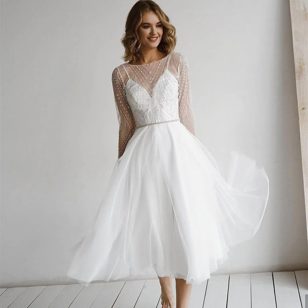 Modest Sequined Elegant Tea Length Wedding Dress Long Sleeves Beaded Belt Buttons Back Second Bridal Dress Mid Calf Long Custom Size