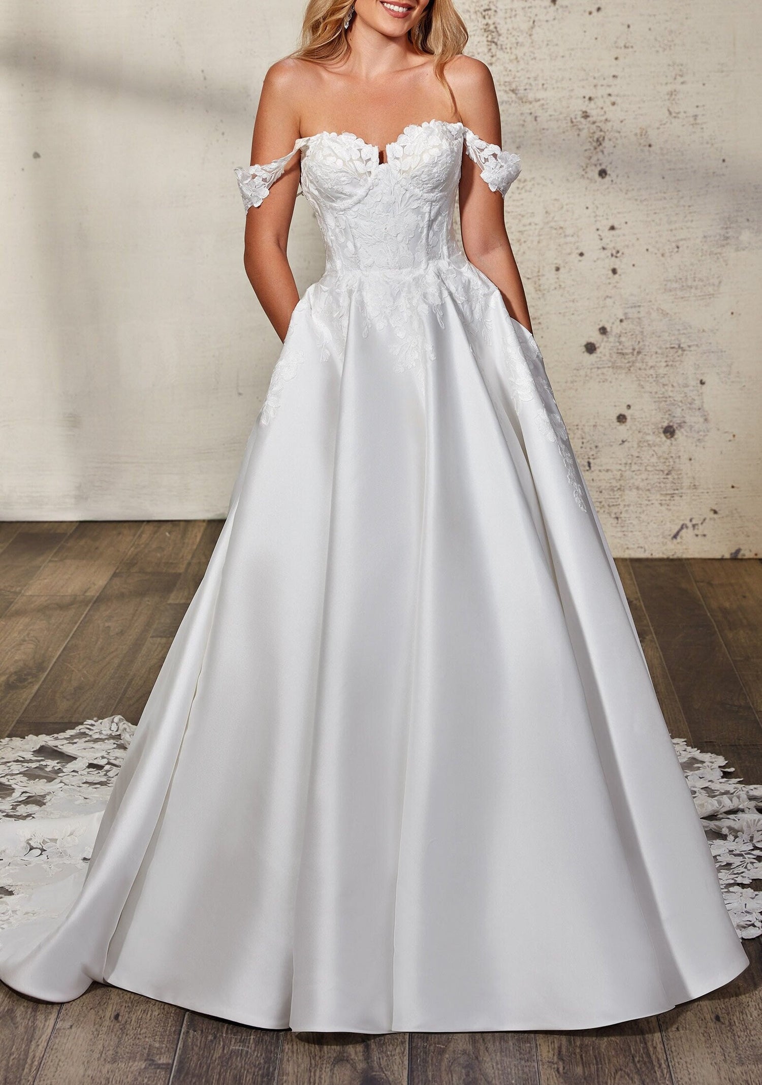 Satin Wedding Dress with Lace Appliques Sweetheart Neckline Off Shoulder Bridal Gown Custom Plus Size